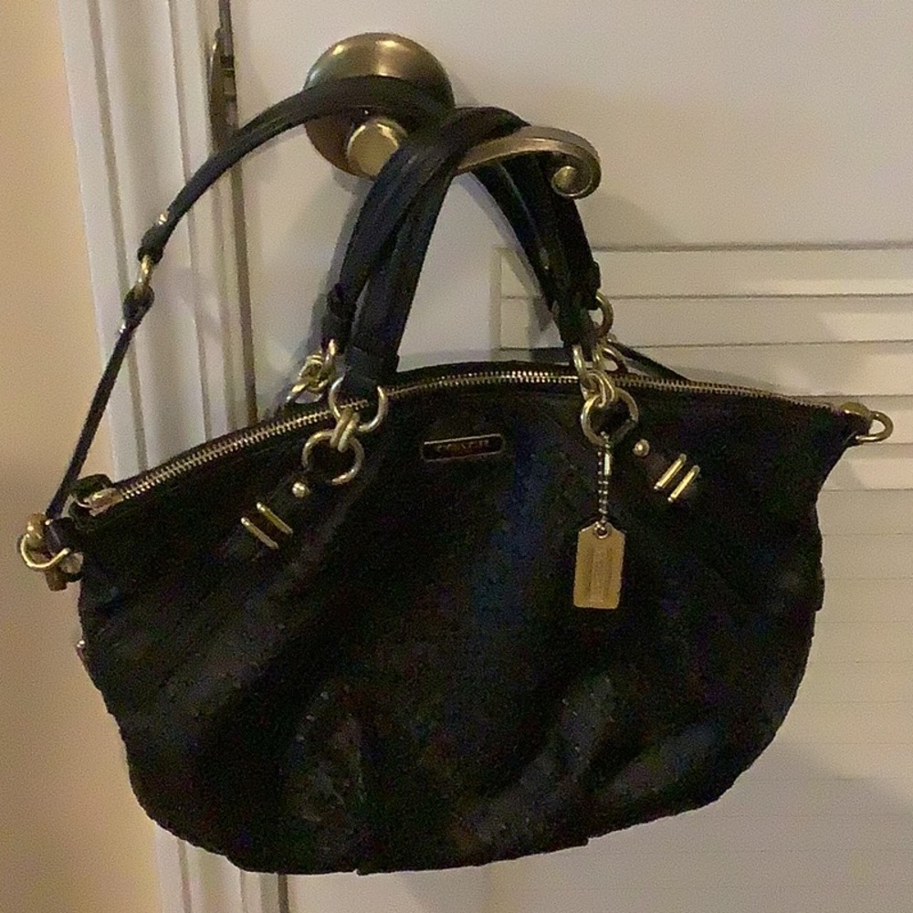 Coach Black Leather Shoulder Tote with Gold Hardware